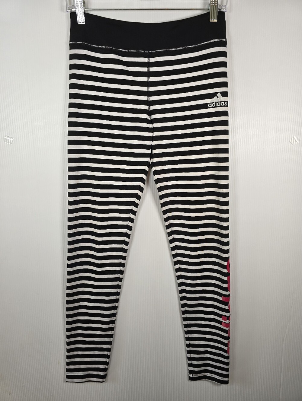 adidas Big Girls Black & White Striped  Leggings With Pink Logo Size XL-16